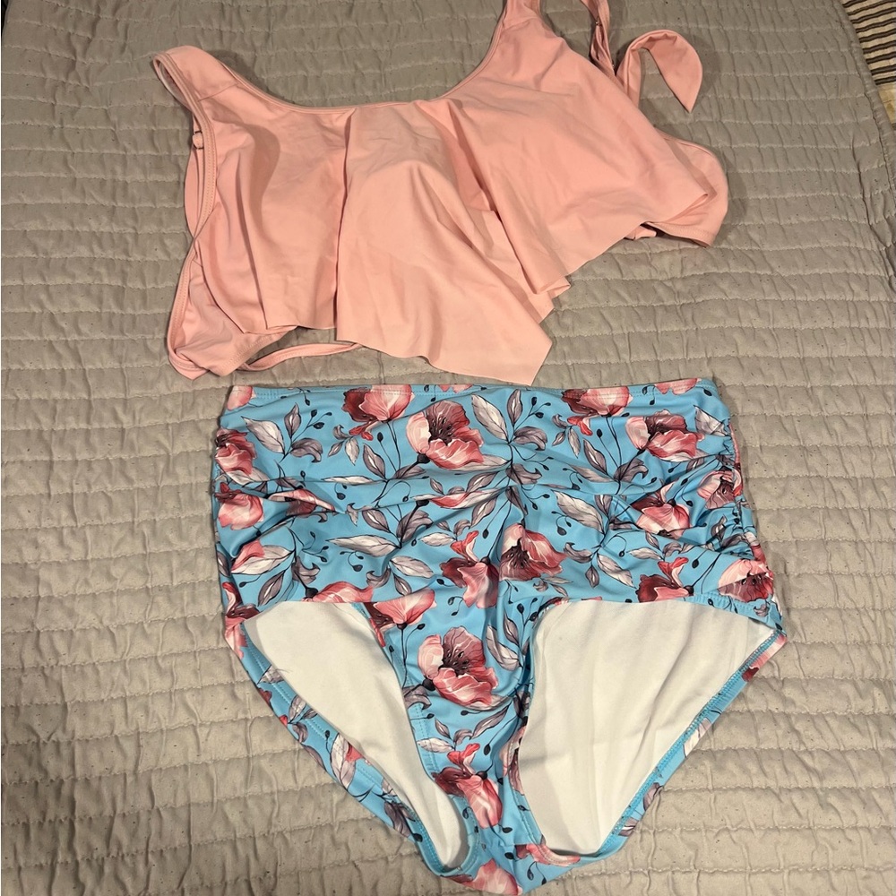 Pink Ruffle Bikini Top and Floral High-Waisted Bottoms